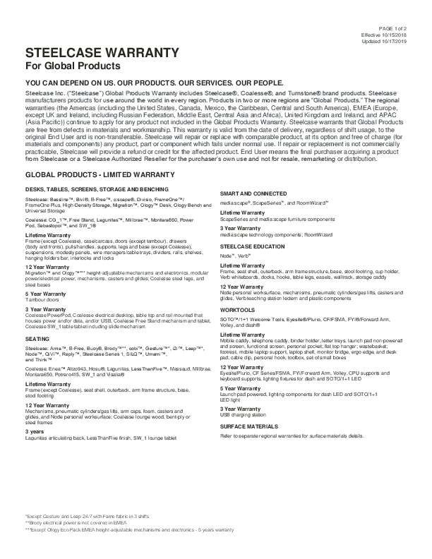 2019_SC_GlobalProduct_Warranty_EN Steelcase