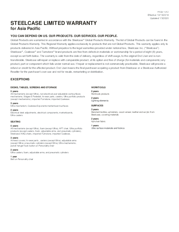 2020_SC_APAC_Warranty_EN Steelcase