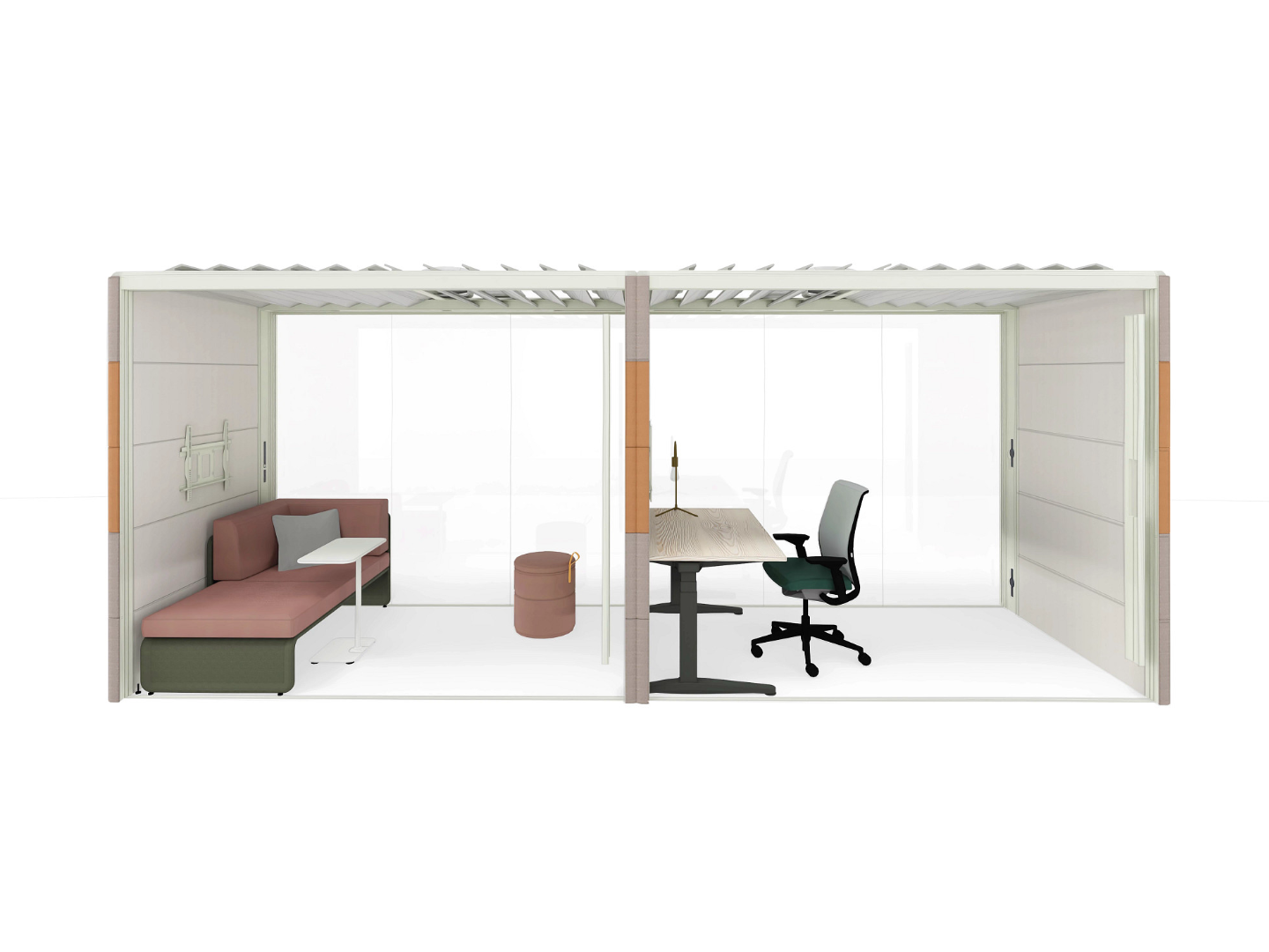 Personal space with Think chair, Ology desk, Airea, Grab Pouf, Lagunitas Lounge and Piper lighting