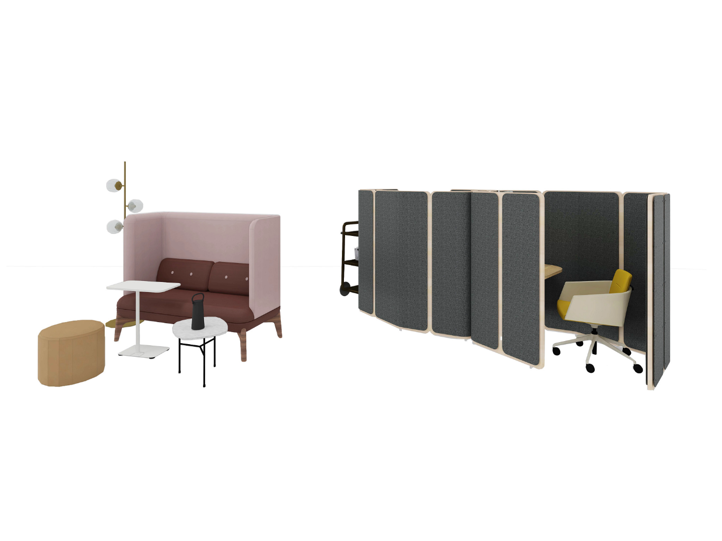 Personal space with Marien152 Seating, Coppice, Coze, Pod Coffee Table, Zyl Pouf, Steelcase Flex Collection, Orb Series and Lagunitas Personal Table