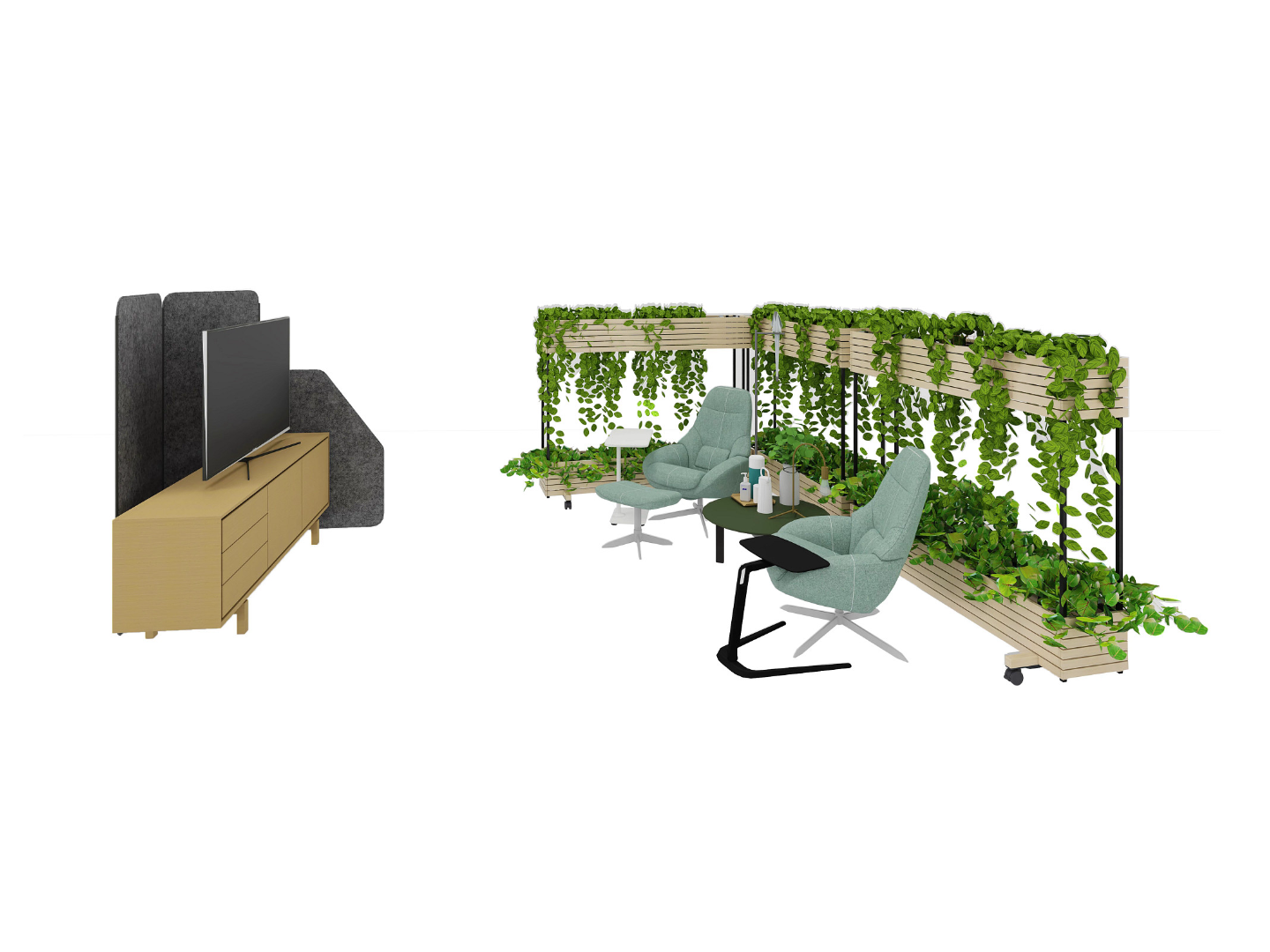 Personal space with Saga Armchair, Floow Sideboard, Steelcase Flex Collection, Free Stand and Lagunitas Lounge